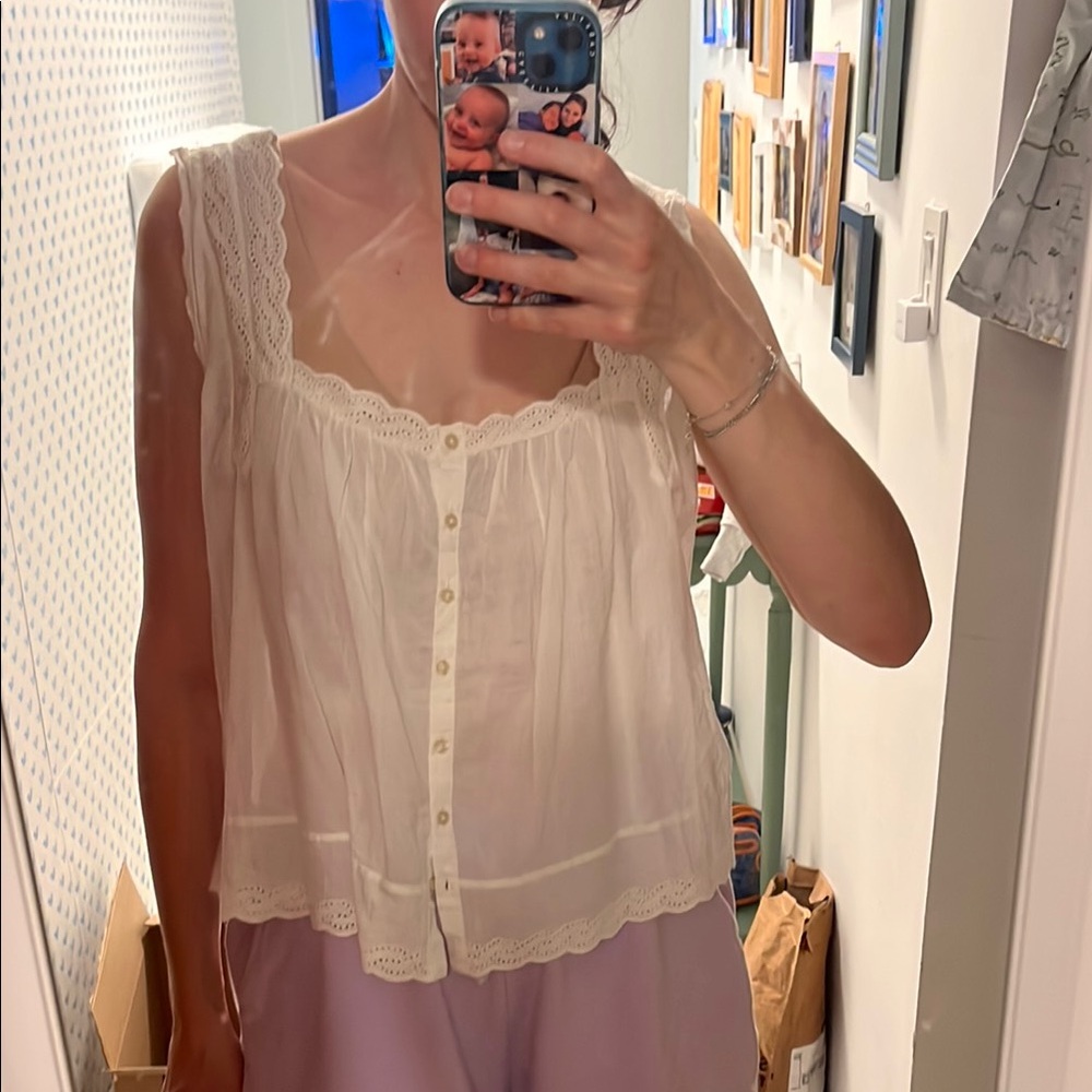 THE GREAT. Eyelet Trimmed White Top